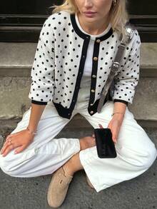 Women Fall Winter Casual Cardigan Sweater Long Sleeve Black With Polka Dot Tops Button Up Going Out Tops - Multicolor - View 4