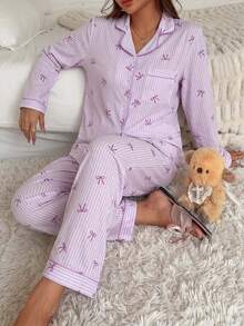 2pcs/Set Women's Pajamas Homewear Set Striped Bow Print Long Sleeve Lapel Top And Pants Autumn/Winter - Purple - View 1