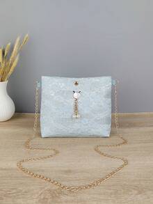 1pc Women's Floral Lace Square Crossbody Bag With Faux Pearl Cat Charm & Gold Chain Strap, Romantic Shoulder Purse For Party - White - View 11