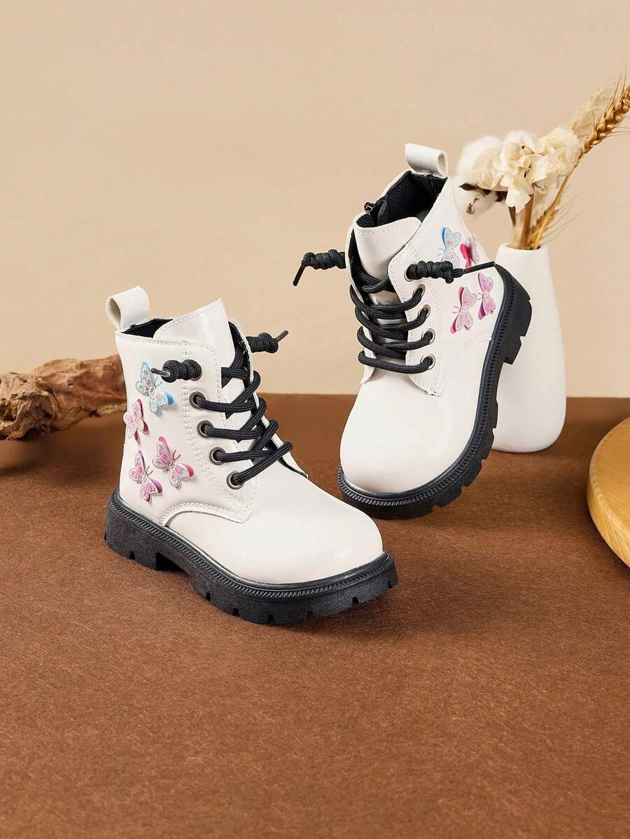 Sepatu Bot Pendek Bayi Perempuan Modis dengan Sol Lembut dan Nyaman, Motif Kupu-kupu Warna-warni - Putih - View 1