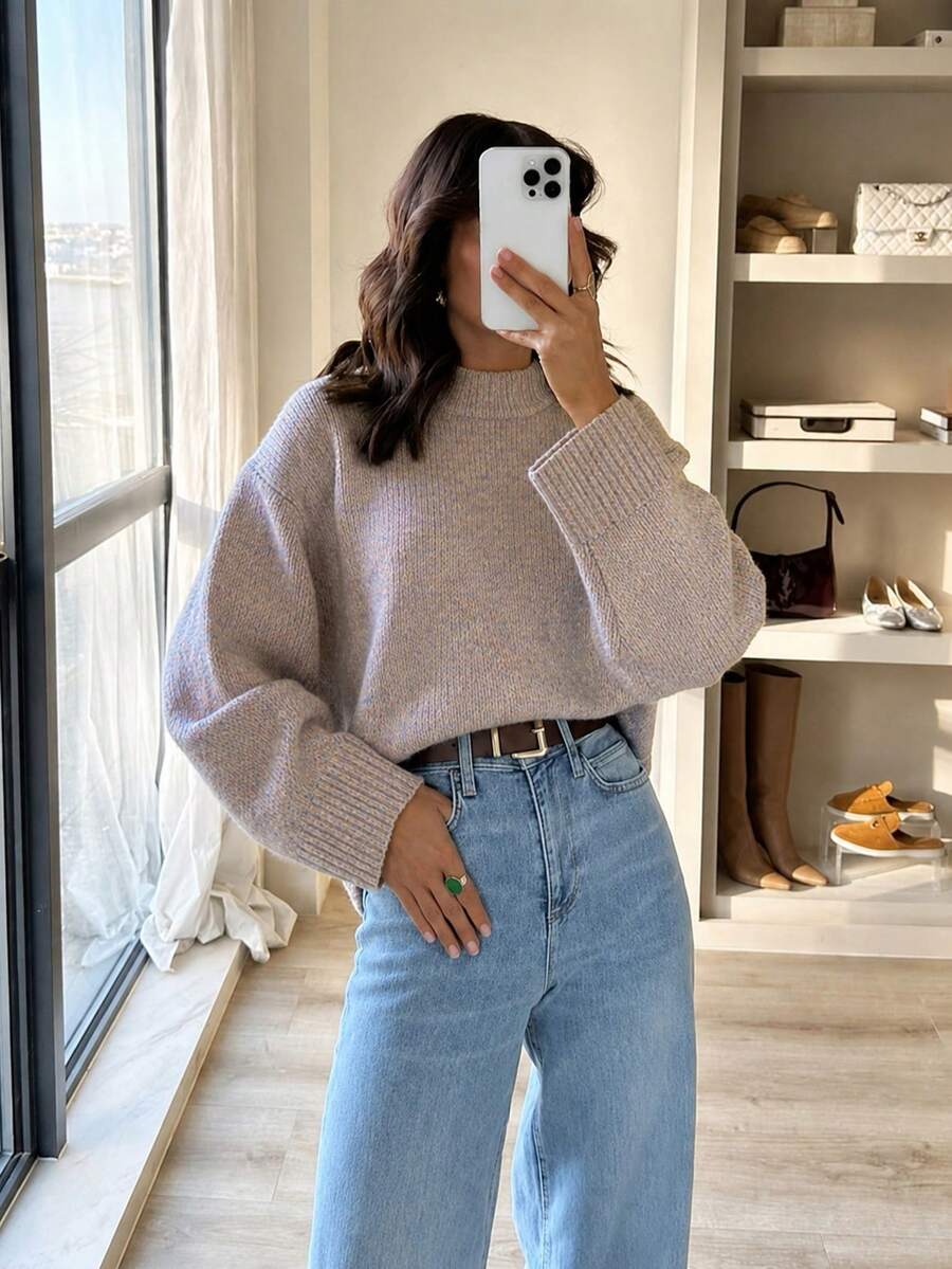 Seashell Pink Round Neck Pullover Casual Knit Sweater For Women - Seashell Pink - View 1