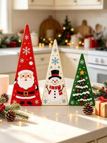 3pcs Christmas Wooden Desktop Decor, Santa Claus Snowman Christmas Tree Triangle Sign, Winter Christmas Layered Tray Decoration, Holiday Wooden Centerpiece Decor, Home Decor, Theme Party Decoration, Christmas Decoration - A - View 1