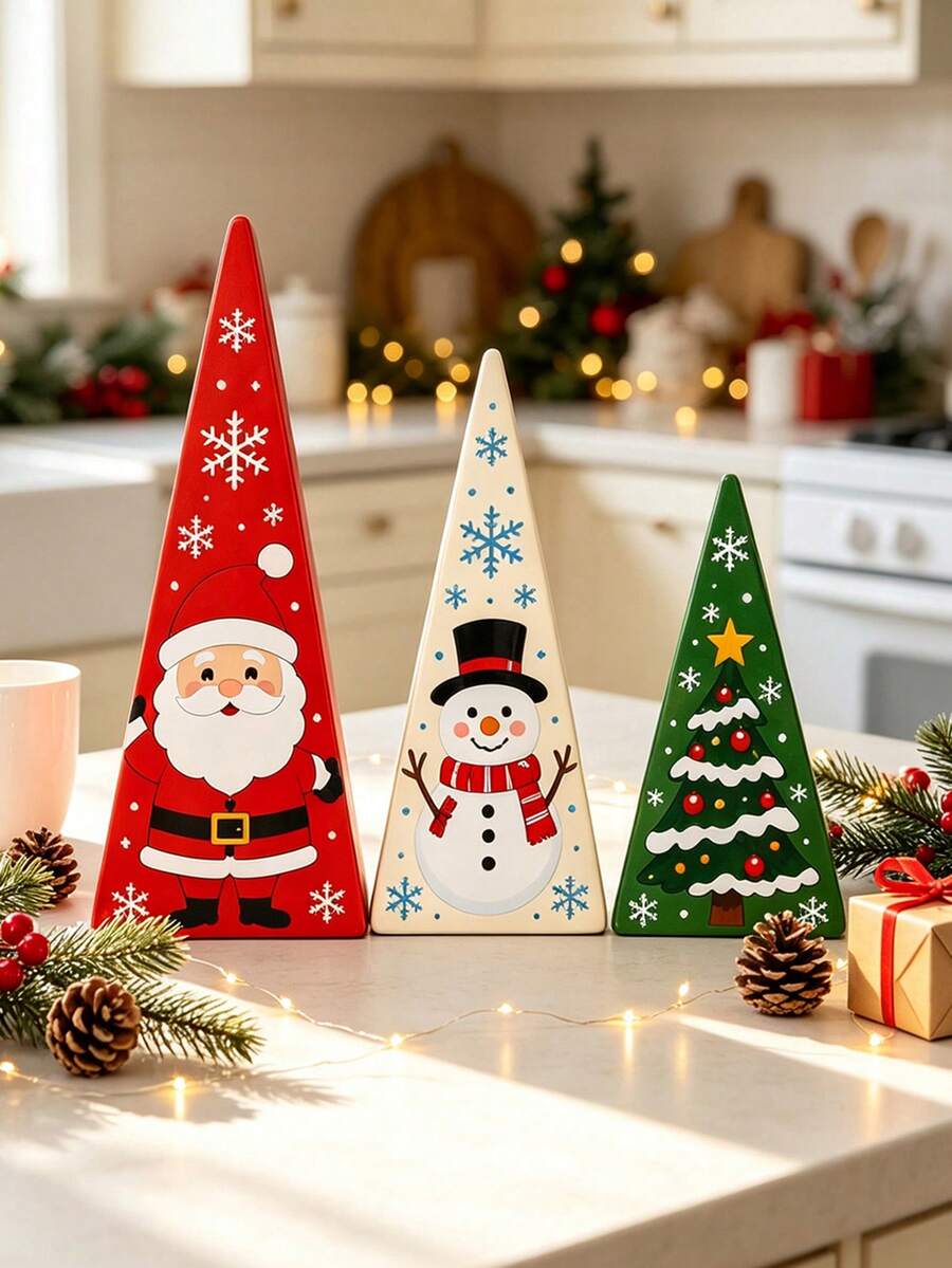 3pcs Christmas Wooden Desktop Decor, Santa Claus Snowman Christmas Tree Triangle Sign, Winter Christmas Layered Tray Decoration, Holiday Wooden Centerpiece Decor, Home Decor, Theme Party Decoration, Christmas Decoration - A - View 1