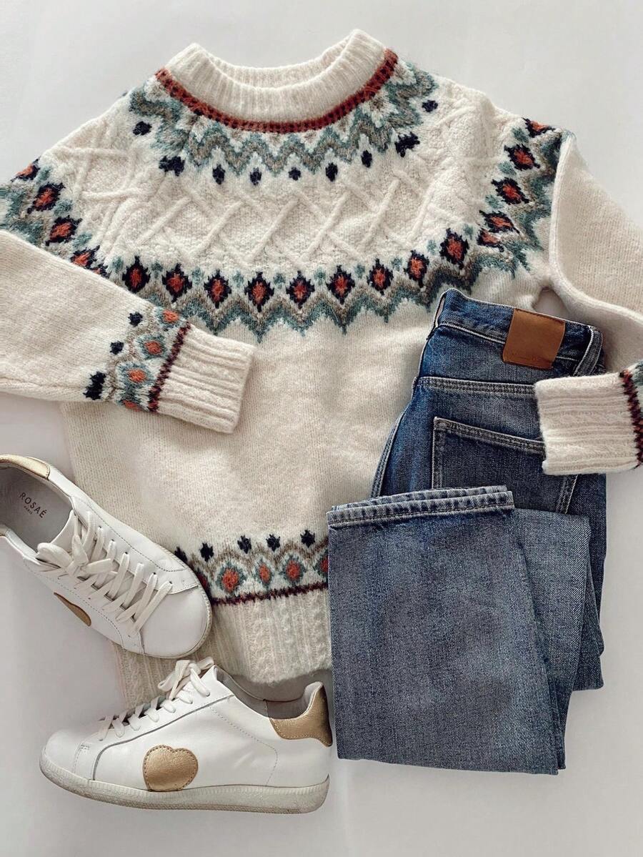 Women's Christmas Vintage Contrast Color Beige Fair Isle Crew Neck Sweater, Ribbed Knit Long Sleeve Pullover, Medium Stretch, Suitable For Autumn/Winter - White - View 1