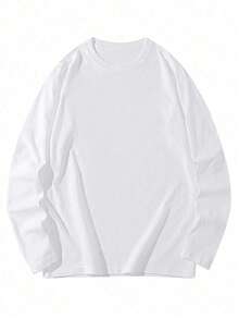Women's Pure White Long Sleeve T-Shirt, Round Neck Drop Shoulder Loose Fit Basic Casual Long Sleeve Top, Suitable For Daily Wear - White - View 4