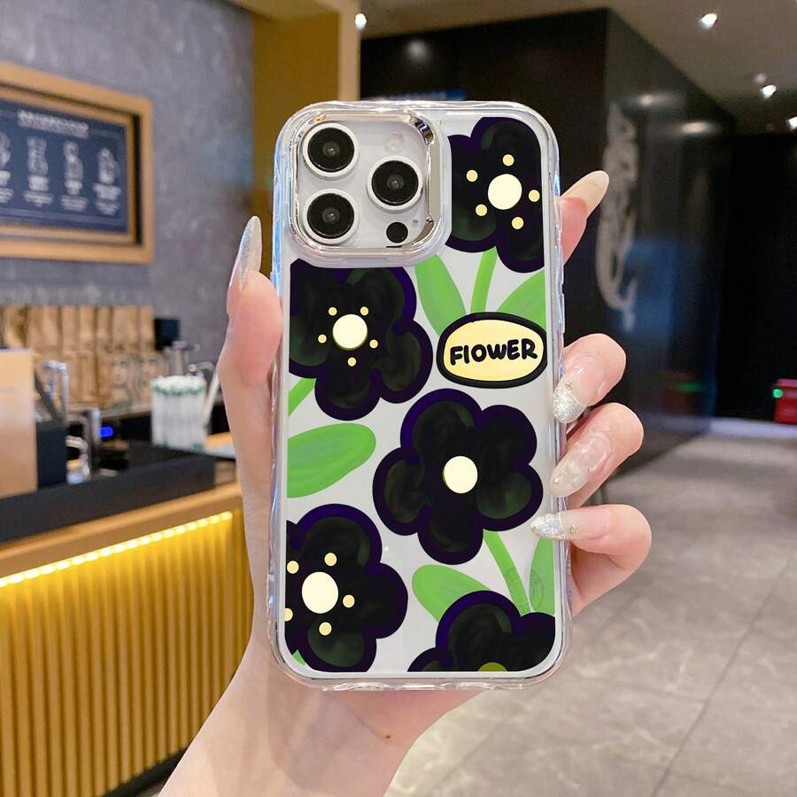 Casing Ponsel Transparan Bergelombang, Tekstur Jernih dan Halus, Basis Transparan Artistik Segar dengan Bunga Hitam dan Daun Hijau, Teks Label BUNGA, Perlindungan Lensa Menyeluruh, Cangkang Lunak Anti Jatuh, Merek Niche Unik, Lensa Perak Berlapis Elektro, Casing Ponsel 2-in-1 dengan Pelat Belakang PC Transparan Tinggi, Desain Mewah Minimalis, Cocok untuk iPhone, Perlindungan Lensa, Modis, Cocok untuk Pria dan Wanita, Pilihan Ideal untuk Pecinta Mode - Clear - View 1