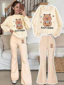 2pcs/Set Girls' Crew Neck Sweatshirt And Flare Pants Set, Printed With Milk Tea Capybara Pattern, Suitable For Autumn/Winter Daily Wear - Multicolor - View 1