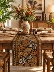 African Safari Patchwork Animal Print Table Runner, Pillow Case, Placemat, Bohemian Zebra Leopard Giraffe Pattern, Geometric Border Dining Table Party Kitchen Home Decor - Multicolor - View 1