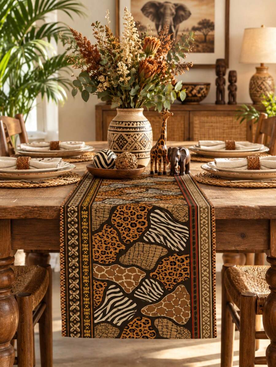African Safari Patchwork Animal Print Table Runner, Pillow Case, Placemat, Bohemian Zebra Leopard Giraffe Pattern, Geometric Border Dining Table Party Kitchen Home Decor - Multicolor - View 1