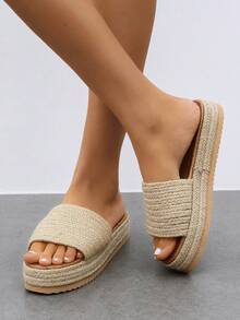 Women's Thick Bottom Slide Sandals With Woven Rope Upper, Round Open Toe Slip On Platform Wedge Heels (Random Rope Strap Quantity),Spring Summer Outfits - Apricot - View 3