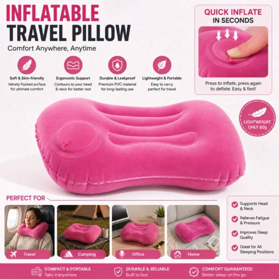 1pc Portable Inflatable Travel Pillow, Foldable Lightweight Camping Pillow, Compact Bed & Neck Support Pillow For Backpacking, Hiking, Camping, Travel & Outdoor Use - Multicolor - View 1
