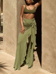Women's Olive Green Long Flare Leg Pants With Ruffle Wrap Front, Medium Stretch Polyester Boho Resort Evening Style - Green - View 2