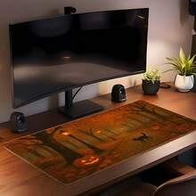 Halloween Themed Extra Large Mouse Pad, Autumn Forest Pumpkin Black Cat Print, Stitched Soft Fabric Keyboard Desk Mat, Non-Slip Rubber Base, Gaming Office Desktop Decoration Gift - View 11