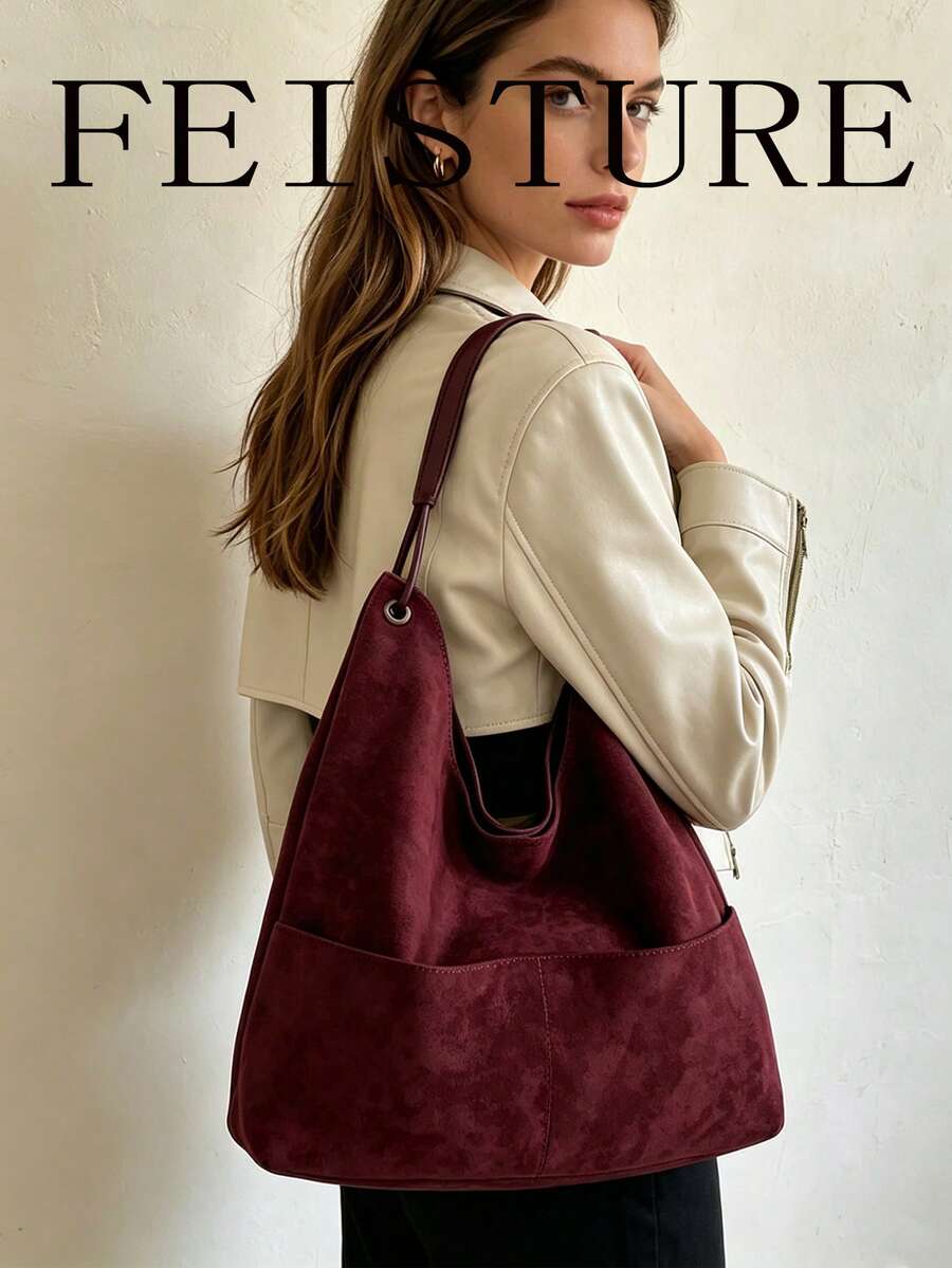 FEISTURE 2件組麂皮大容量腋下包女款單肩波希米亞風格包（附小收納袋）適合女孩、女性、大學生、職場新人與白領上班族，完美適用於工作、商務、通勤、校園