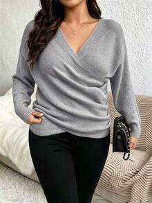 Plus Size Solid Color Casual Fashion V-Neck Long Sleeve Cross Knit Sweater - Grey - View 6