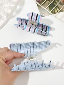 2pcs Set Acetate Contrast Blue Striped Print Half-Moon Hair Claw High Top Bun Half-Up Hair Accessory Korean Style Gentle Romantic Exquisite - Multicolor - View 5