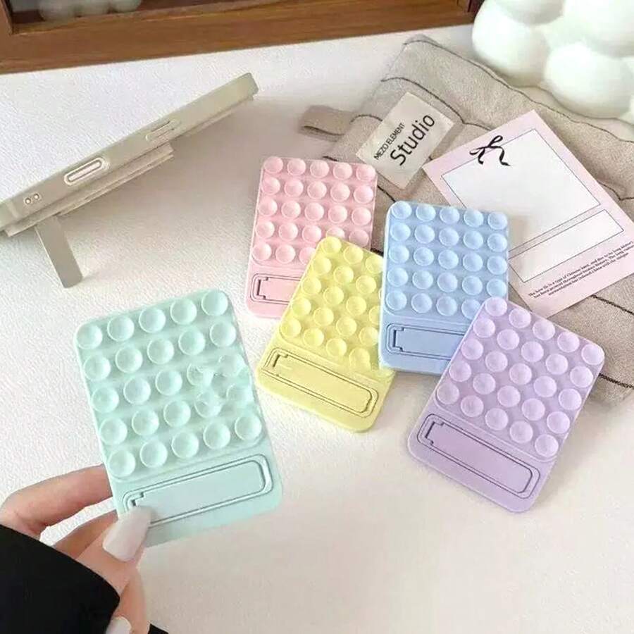 1PC Macaron Suction Cup Phone Stand, Single-Arm Metal & Silicone Minimalist Adhesive Back Mount With Self-Adhesive Tape, Non-Slip Pad, Car Mount, Creative Foldable Soft Silicone Desktop & Bathroom Universal Phone Holder - Multicolor - View 1