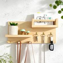 Wood Wall‑Mounted Key Holder With Dual Display Shelves & Multi‑Hooks, Room Decor, Bedroom Decor For Bedroom Kitchen Bathroom, Multifunctional Wall Hanging Organizer For Bags Photo Small Decor, Practical Home Decor For Entryway Wall Decoration - View 10