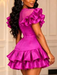 AOMEI Chic Women Fuchsia Satin Mini Dress Sheer Mesh Neck Ruffle Shoulder Tiered Ruffle Hem Bodycon Short Party Evening Dresses - Hot Pink - View 5
