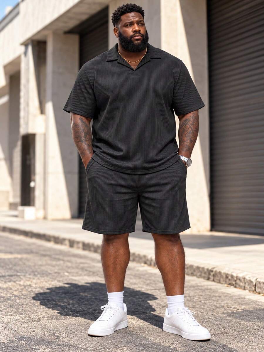 Plus Size Solid Color Men's Summer Short Sleeve Polo 2 Pieces Set, Men's Plus Size Outfit - Black - View 1