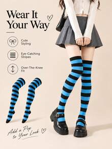 1 Pair Women's Thin Striped Multicolor JK Japanese Cosplay Over-The-Knee Thigh High Socks, Y2K Style, Comfortable - Multicolor - View 2