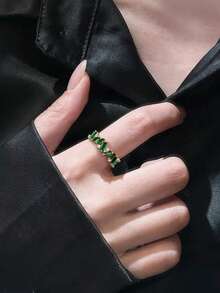 1pc Copper Vintage French Geometric Palace Asymmetrical Emerald Open Ring, Exquisite Elegant Artistic Retro Niche Design, Suitable For Women's Daily And Holiday Wear - Green - View 2