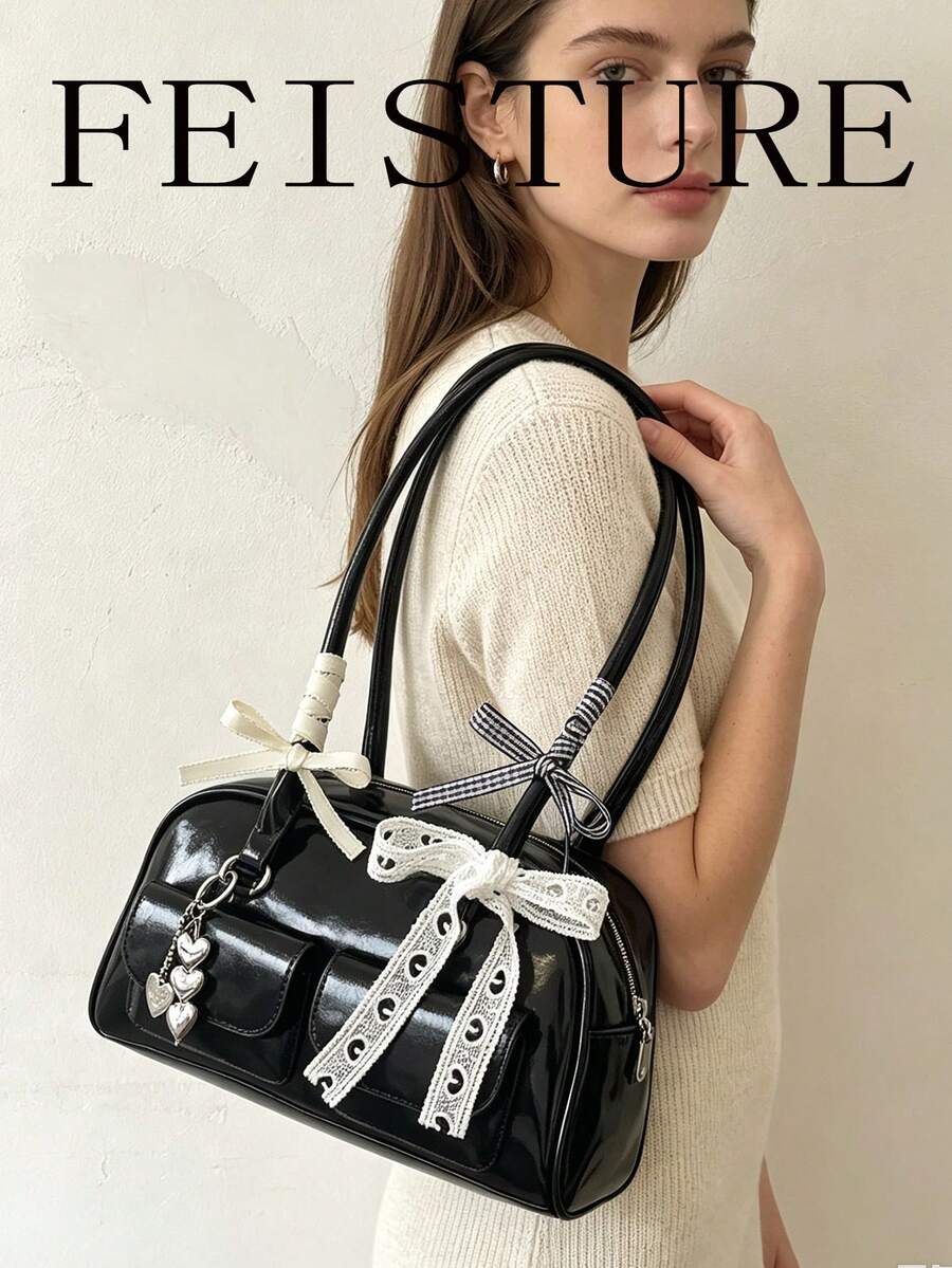 FEISTURE 1件純色PU多口袋保齡球包，女款單肩腋下包，適合購物、約會，女性禮物，適用於青少年女孩、大學生、初學者和白領上班族，完美適配辦公室、校園、工作、通勤