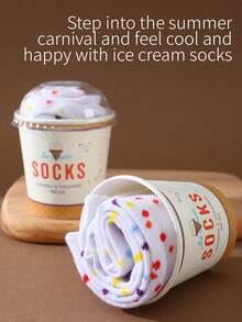 1 Pair Fun Mid-Calf Socks, Novel Unique Cute Colorful Ice Cream Pattern, Autumn/Winter New Premium Creative Gift Box, Soft Comfortable Suitable For Christmas/Halloween/Thanksgiving/Family Day Gathering/Party Holiday Gifting, Casual Daily Party Outing Fashion Socks, Unisex All-Season Socks, Surprise Christmas/Birthday Gift For Friends/Family, Casual Home Outdoor Sports Daily Wear, Skiing/Cycling/Running - White - View 4