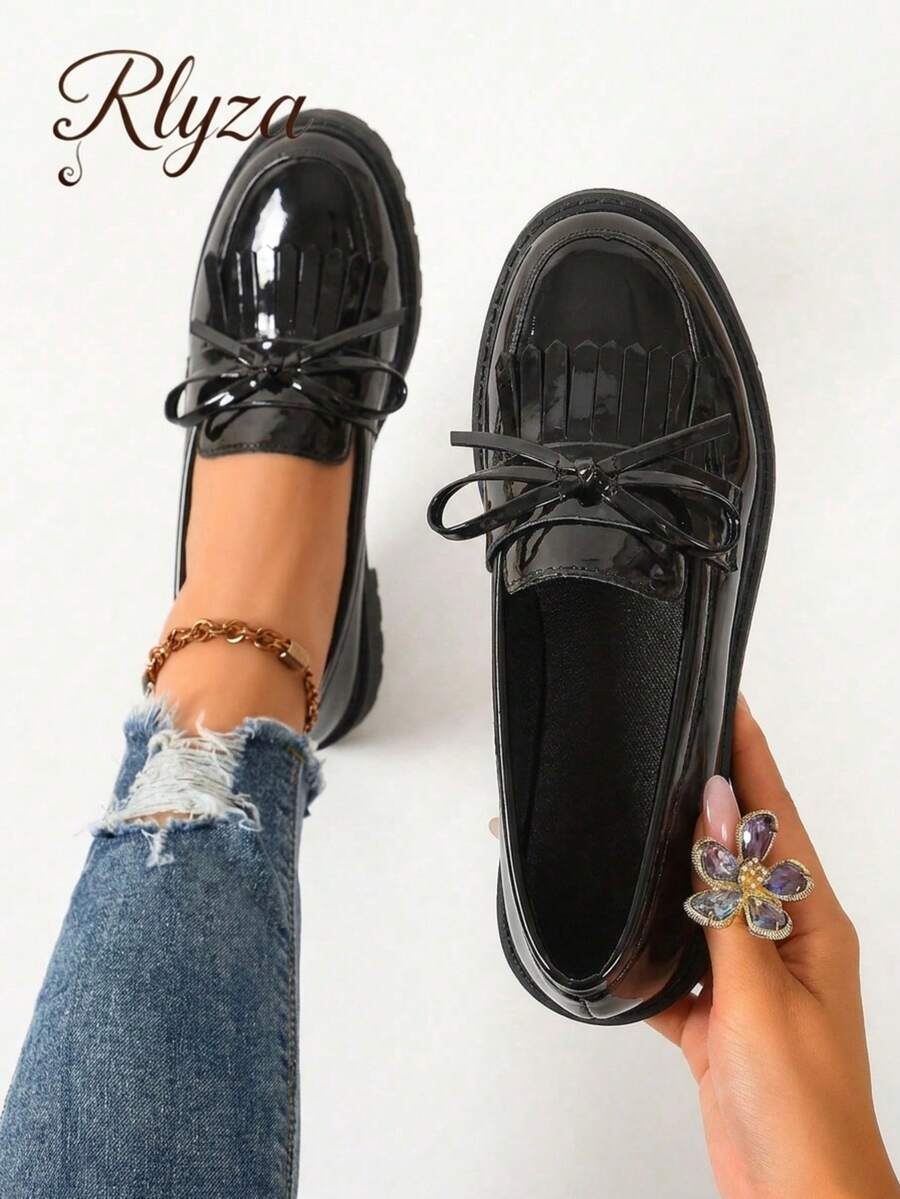 rlyza Fashion Chunky Heel Fringe Bow Loafers For Women, Spring/Autumn Valentines,Wedge Heels - Black - View 1