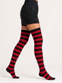 A Pair Of Over-The-Knee Socks In A Classic Red-And-Black Color Scheme-A Timeless Style And Classic Look That Is Perfect For Christmas Or As A Gift. - Red - View 4