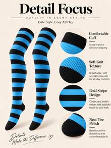 1 Pair Women's Thin Striped Multicolor JK Japanese Cosplay Over-The-Knee Thigh High Socks, Y2K Style, Comfortable - Multicolor - View 5