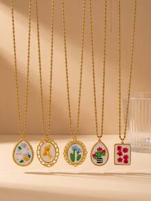 1 Pc 304 Stainless Steel Fall Decor Embroidery Flower Pendant Necklace Vintage Handmade Floral Textured Charm Twisted Chain Fall Style Jewelry Women - Necklace - View 6