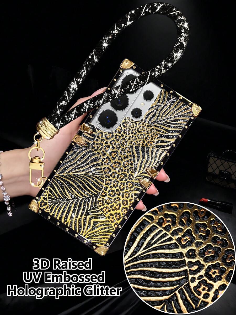 1件裝黑金豹紋熱燙金箔+3D凸起局部UV亮面搭配全息閃粉防摔時尚長方形手機殼，附黑色腕帶，歐美風，大鏡頭孔，奢華情人節禮物，防震，適用於Apple 18ProMax/18pro/17promax/17/16 15 14 13 Promax/15 14 Plus，適用於 Galaxy S26Ultra/S26 Plus/S26/S26FE/S25 Ultra/S25+FE/A57 5G/A56/A37/A36/A17/A16/A27