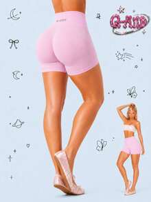 Q-AND QAND 1pc Women's Pink Seamless High Waist Yoga Shorts, Tummy Control Butt Lifting Cycling Shorts, Suitable For Yoga, Pilates, Ballet, Gym, Dance, Streetwear - Pink - View 3