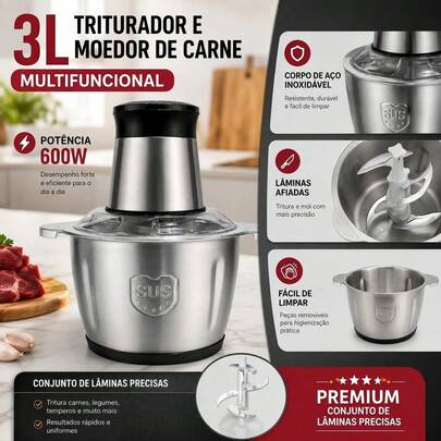 Picador de carne elétrico jarra inoxidável 3L 600W processador de alimentos 2 velocidades bivolt 110V‑220V prático para todas as refeições