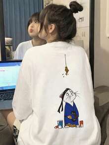 女款秋冬時尚寬鬆極簡百搭卡通貓咪印花長袖T恤 - 白色 - 查看 2