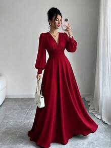 Fashion Long Sleeve Deep V-Neck Long Woven Fabric Dress, Elegant A-Line Flared Hem Party Or Formal Gown - Burgundy - View 1