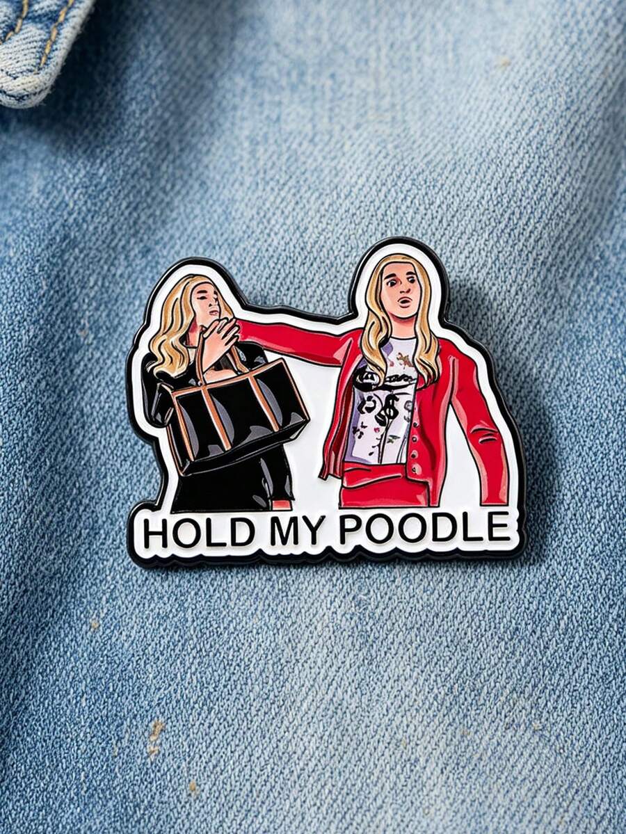 1pc American Retro Fun Bestie Badge "Holding My Poodle" Humorous Character Social Meme, Versatile Creative Badge Suitable For Denim Jackets, Hoodies And Bags - Multicolor - View 1