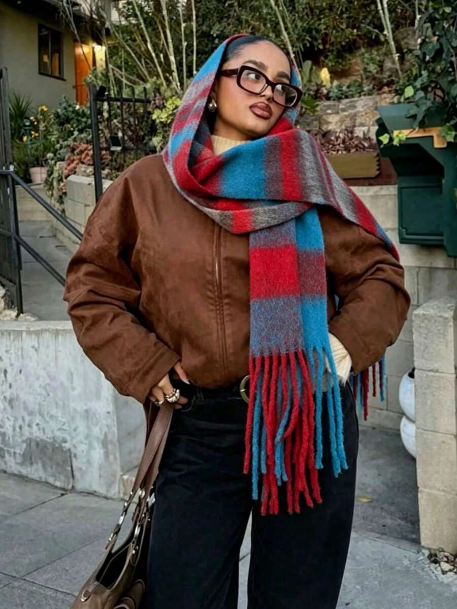 1PcWomen Fuzzy Mohair Texture Plaid Fringe Scarf, Oversized Color Block Check Winter Warm Neck Wrap Shawl - Red and Blue - View 1