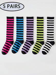 1 Pair Women's Calf Socks, Winter Warm Contrast Color Striped Slimming Long Tube Slouch Socks, Suitable For Multiple Outfits, Party Wear, Christmas Wear - Multicolor - View 14