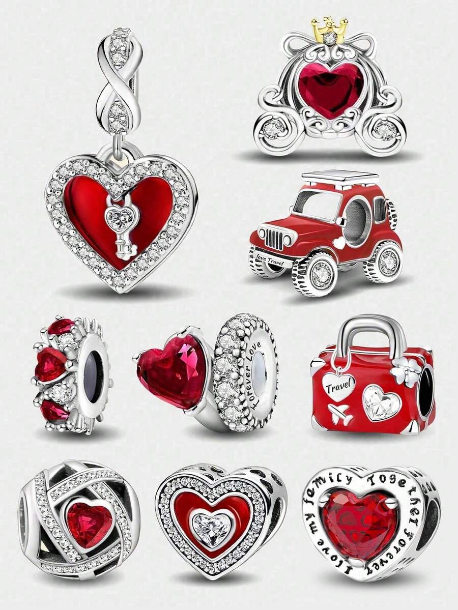 1 buah Liontin Manik-manik Lingkaran Ganda Hati Merah Zirkonia, Cocok untuk Perhiasan Gelang Wanita DIY