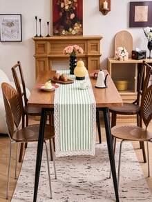 1/16PCS Vintage Minimalist Green & White Striped Lace Table Runner, Reusable Long Tablecloth For Coffee Table, Cabinet, Outdoor Holiday Decor, Suitable For Living Room, Dining Room, Holiday Party, Family Gathering, Wedding Banquet, Birthday Table Decoration - Green - View 1
