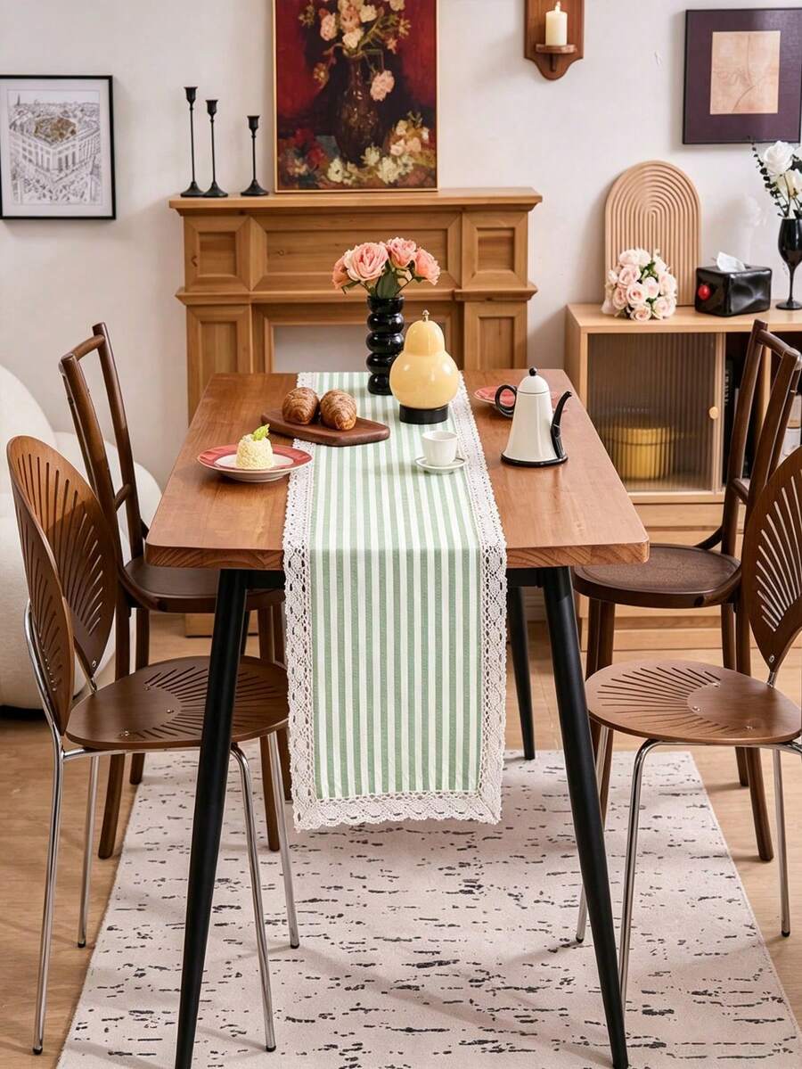 1/16PCS Vintage Minimalist Green & White Striped Lace Table Runner, Reusable Long Tablecloth For Coffee Table, Cabinet, Outdoor Holiday Decor, Suitable For Living Room, Dining Room, Holiday Party, Family Gathering, Wedding Banquet, Birthday Table Decoration - Green - View 1