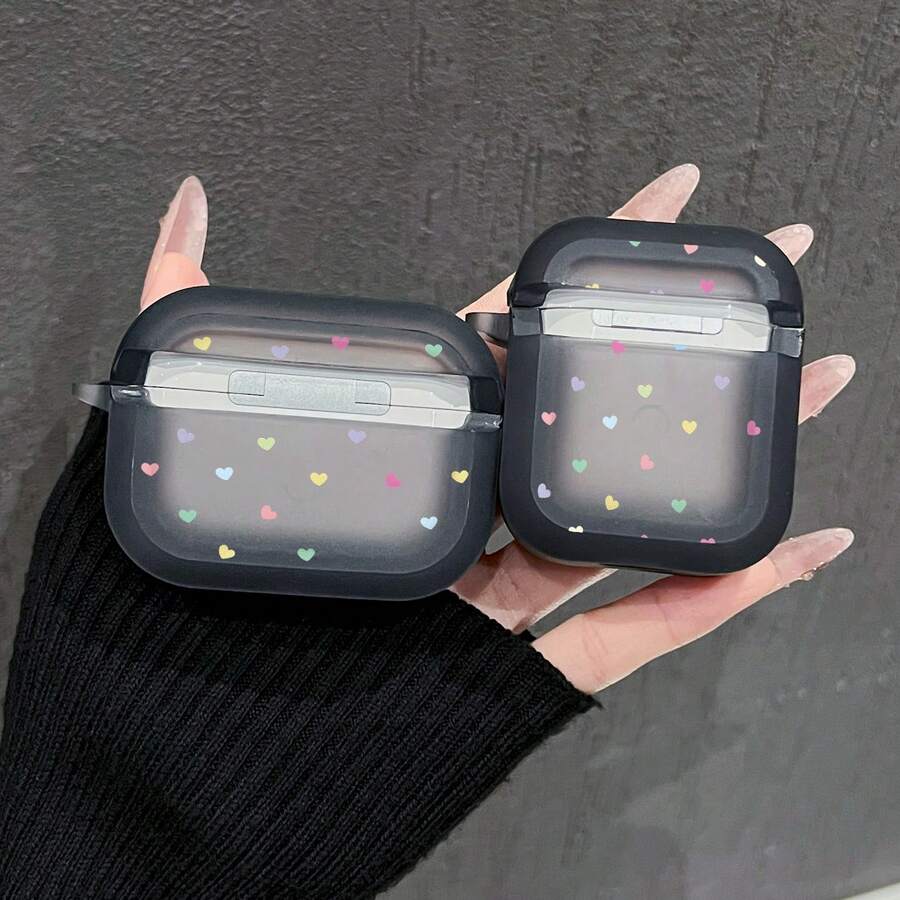 1pc Translucent Black Base Colorful Small Heart Earphone Case, Scattered Heart Pattern Semi-Transparent Matte Soft Shell With Hook, Fresh Cute Girl Bluetooth Earphone Protective Cover Suitable For AiPods1/2, Suitable For Airpods3, Suitable For Airpods4, Suitable For Airpodspro - Transparent Black - View 1