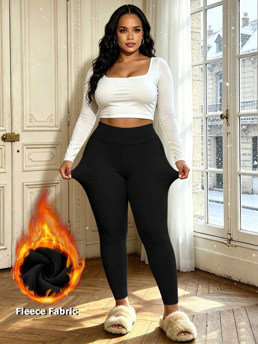 Plus-Size Fleece-Lined Leggings For Women, High-Waisted, Fleece-Lined, Thickened Leggings, Elastic, Warm Pants