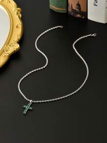Men Stainless Steel Green Rhinestone Cross Pendant Twist Rope Chain Necklace, Hip Hop Punk Street Statement Jewelry - White - View 4