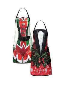2Pcs Christmas Couple Aprons Set, Funny Santa Helper Elf Costume & Tuxedo Suit Print Kitchen Apron, Waterproof Adjustable Bib Apron For Baking Cooking Grilling, Xmas Holiday Party Decor Gift - Multicolor - View 6