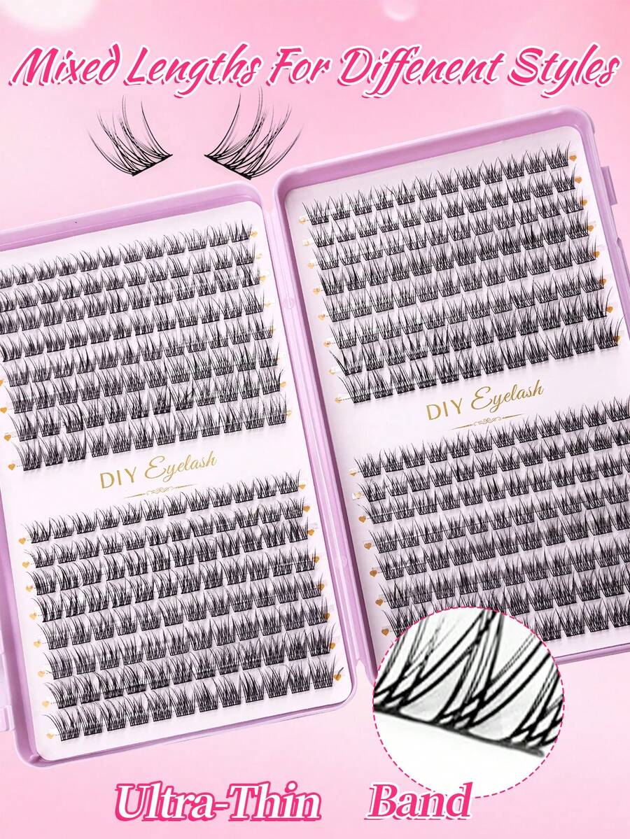 384pcs Natural Long Eyelash Clusters, 9-12mm Single Strands, DIY Korean Style False Eyelashes, Natural Style Eyelash Clusters, Cluster Eyelash Extensions, C Curl Single Strand Eyelash Clusters, Fine Eyelash Clusters, Natural C Curl Cluster Eyelashes, DIY Eyelash Extension Kit - C - View 1