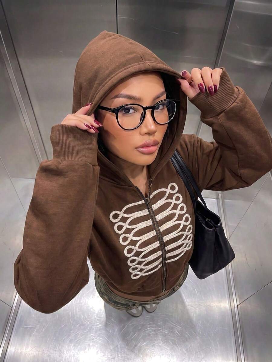 Hoodie Wanita Kasual Bahan Fleece dengan Resleting dan Pita Napoleon, Ukuran Besar, Cocok untuk Aktivitas Sehari-hari di Musim Gugur & Musim Dingin, dan untuk Keluar Rumah - Kopi hitam - View 1