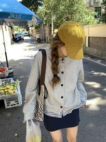 Women's New Niche Plaid Patchwork 2 In 1 Baseball Sweatshirt Jacket - Grey - View 3